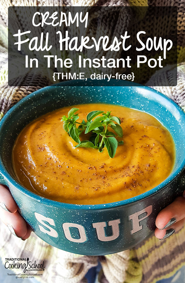 Creamy Fall Harvest Soup In The Instant Pot | Cooler days, cozy sweaters, and comfort foods like... soup! This dairy-free yet creamy Fall Harvest Soup is quick and easy to make in your Instant Pot! With nourishing bone broth for protein and veggies for their antioxidants and minerals, it's a yummy, fall THM:E recipe | TraditionalCookingSchool.com