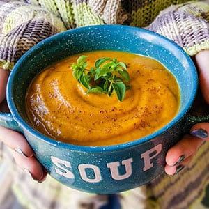 Creamy Fall Harvest Soup In The Instant Pot | Cooler days, cozy sweaters, and comfort foods like... soup! This dairy-free yet creamy Fall Harvest Soup is quick and easy to make in your Instant Pot! With nourishing bone broth for protein and veggies for their antioxidants and minerals, it's a yummy, fall THM:E recipe | TraditionalCookingSchool.com