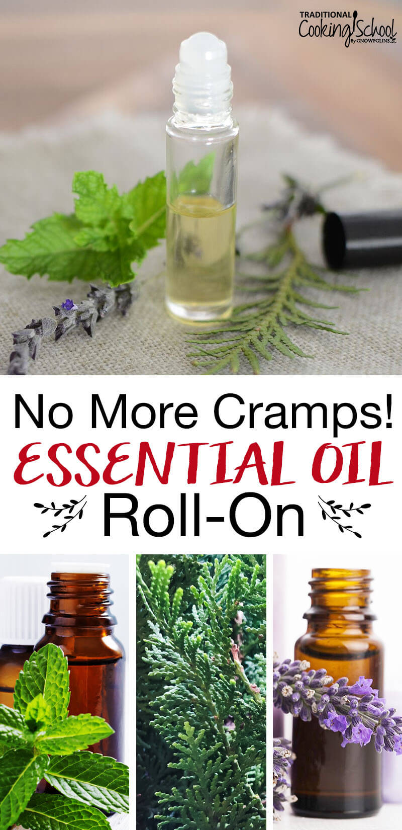 No More Cramps! Essential Oil Roll-On | Argh...cramps. They can feel like your uterus and ovaries are staging a coup. Conventional medicine prescribes over-the-counter pain meds and even hormonal birth control for relief. Is there a better way? This essential oil roll-on brings natural relief for stomach and back cramps before and during your period. | TraditionalCookingSchool.com