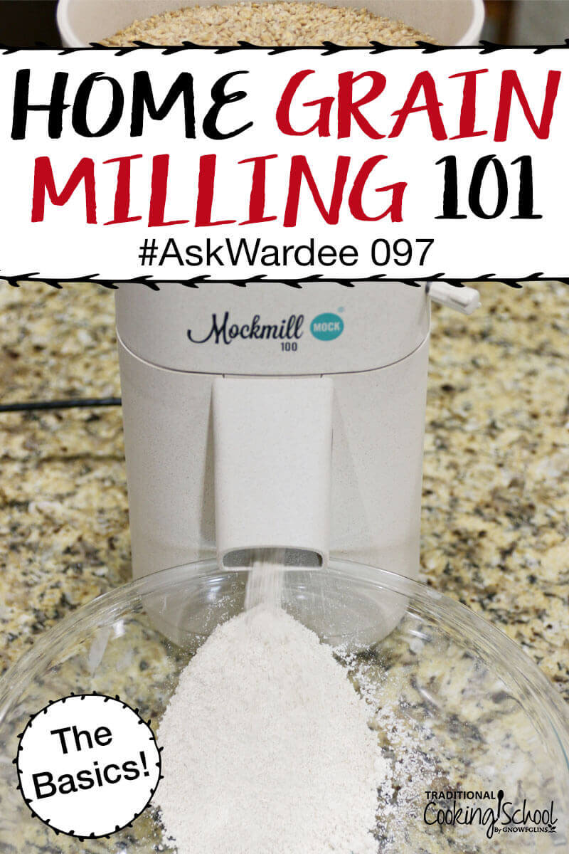 Photo of the Mockmill grinding berries into flour, with the flour collecting in a clear glass bowl. Text overlay says: "Home Grain Milling 101: The Basics #AskWardee 097"