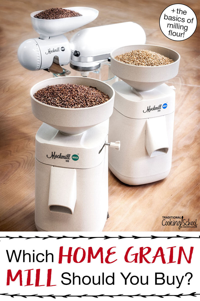 Two models of Mockmill and the Mockmill Kitchenaid attachment on a wooden surface with grain berries ready to be ground into flour. Text overlay says: "Which Home Grain Mill Should You Buy? (+the basics of milling flour!)"
