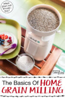 Mockmill grinding grain berries into flour. Text overlay says: "The Basics Of Home Grain Milling (which grain mill should I buy?)"