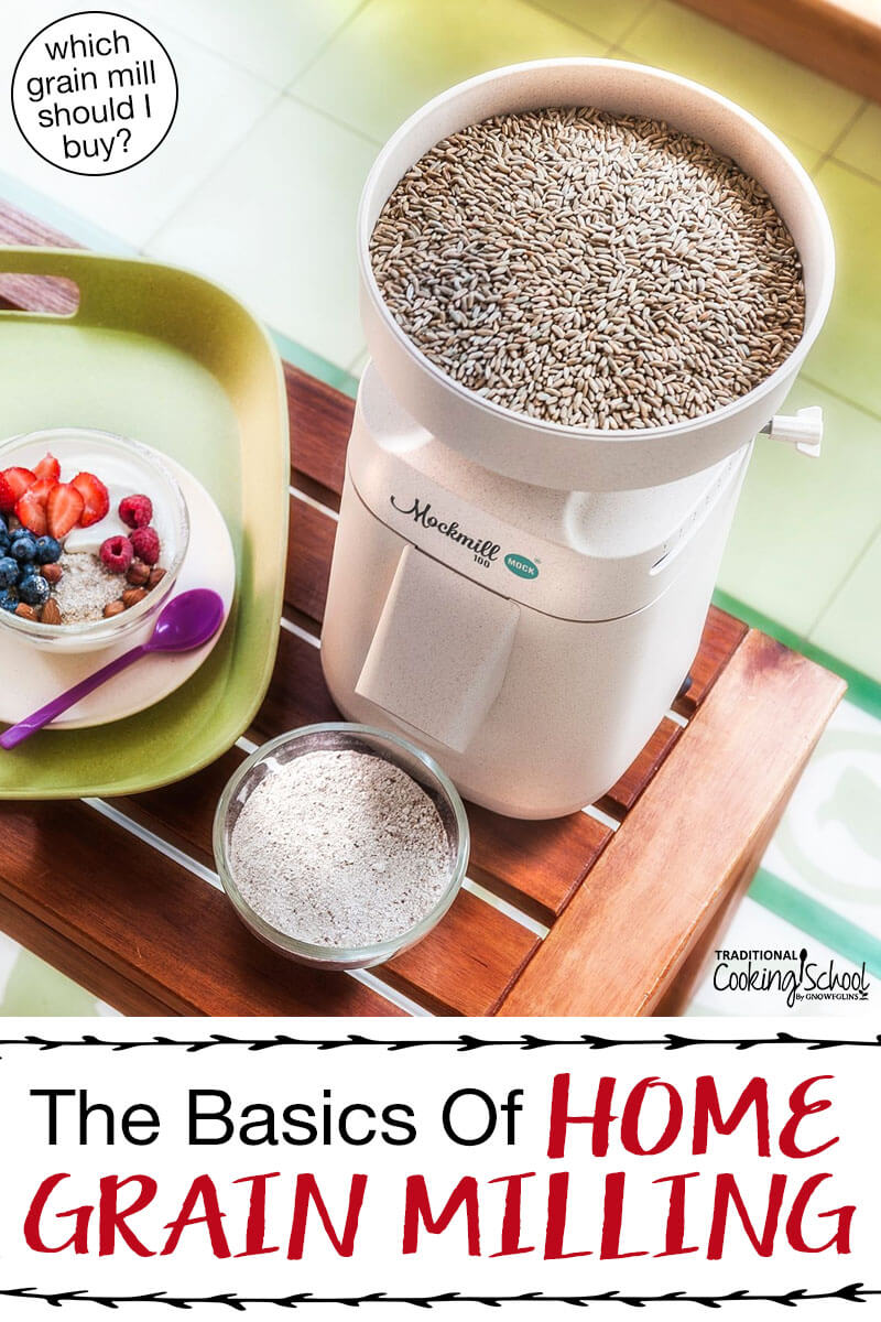 Mockmill grinding grain berries into flour. Text overlay says: "The Basics Of Home Grain Milling (which grain mill should I buy?)"