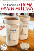 Two models of Mockmill on a wooden surface with grain berries ready to be ground into flour. Text overlay says: "The Basics Of Home Grain Milling (which grain mill should I buy?)"