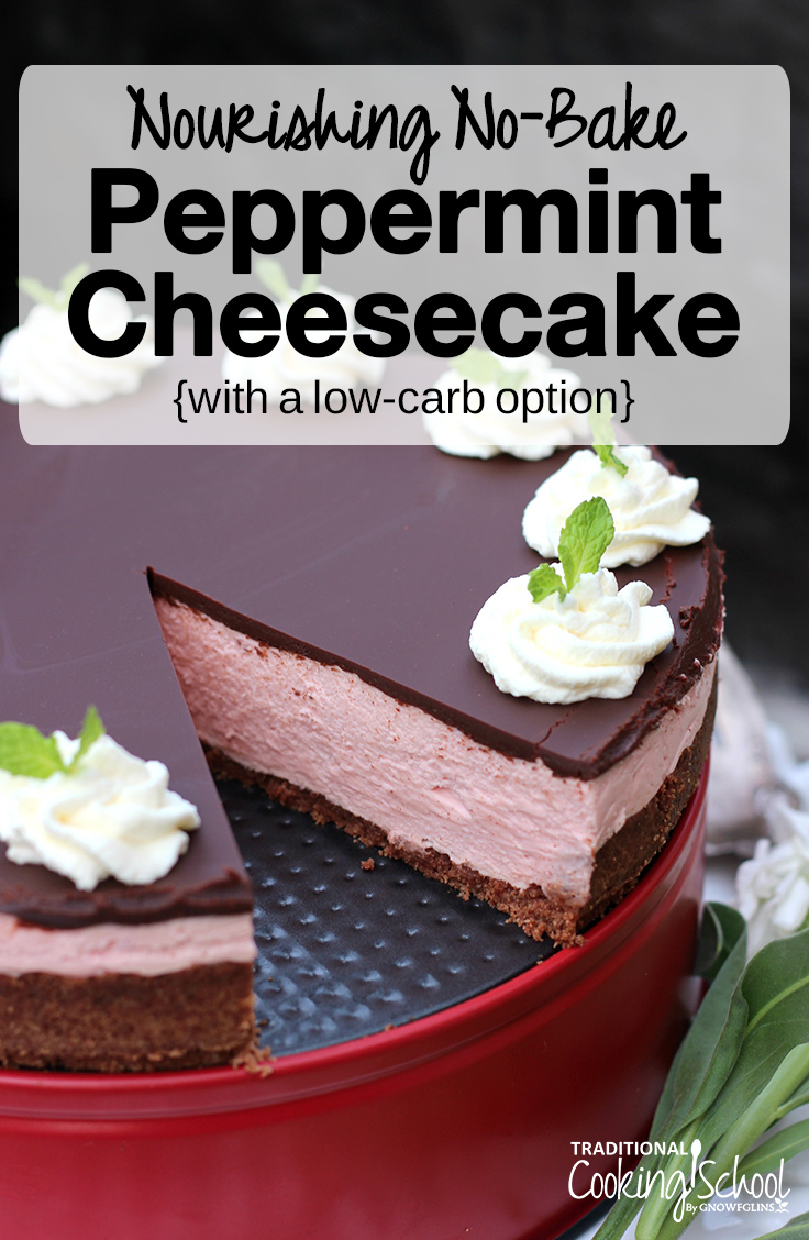 Are you looking for the best winter holiday cheesecake recipe? This is it! This No-Bake Peppermint Cheesecake is light, yet rich and satisfying, with a chocolate ganache topping. It's egg-free, grain-free, gluten-free, refined sugar-free, and has a low-carb option -- perfect for anyone, as long as you can have dairy!