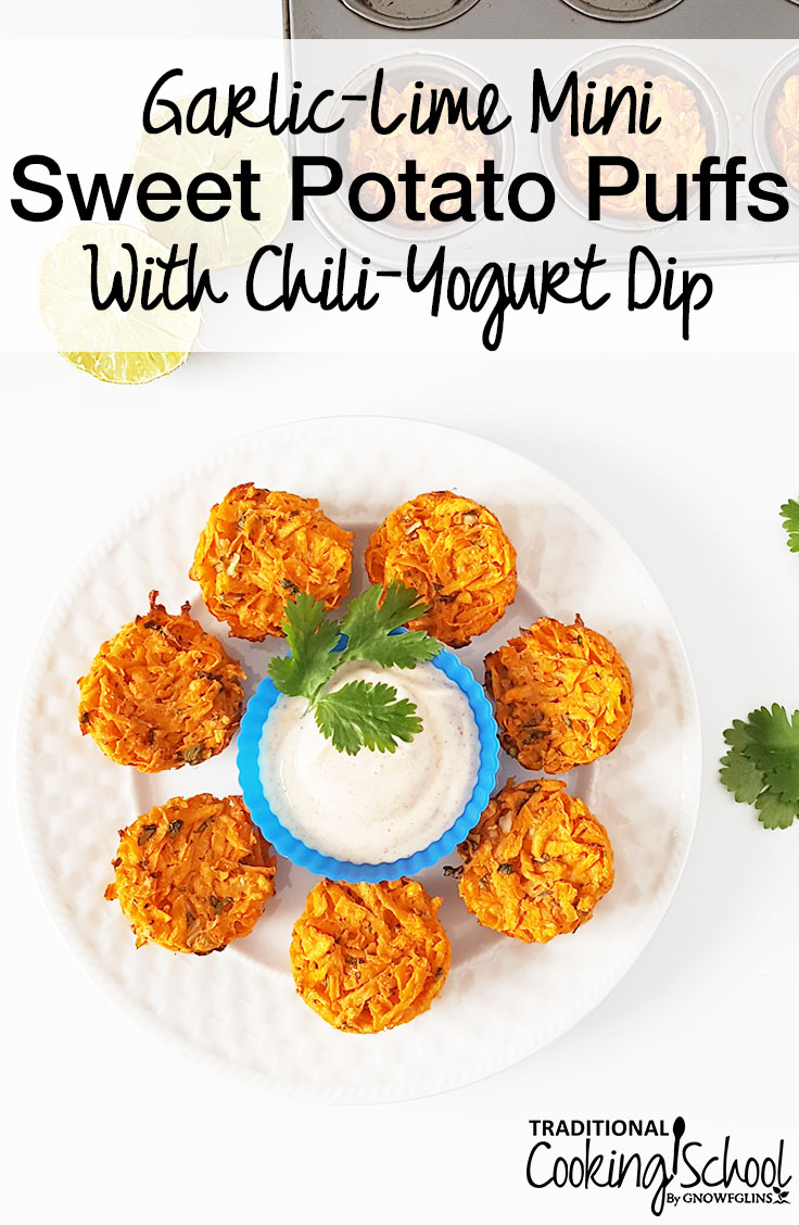 Is there any way to make tater tots good for you? With these grain-free Garlic-Lime Mini Sweet Potato Puffs, the answer is YES! These make an easy and nourishing appetizer, side dish, or snack, and the chili-yogurt dipping sauce is a delicious way to get extra probiotics into your meal.
