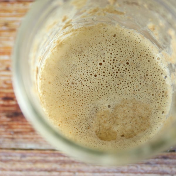 overhead view of jar of sourdough starter