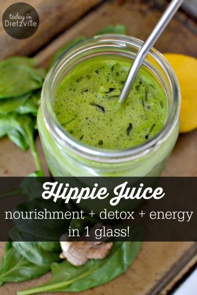 healthy green fruit-herb drink with text overlay