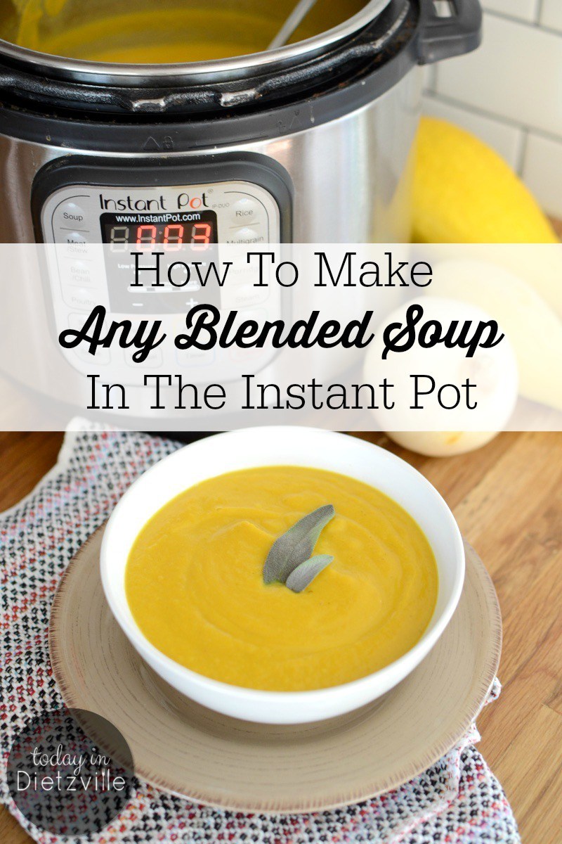 white bowl of deep yellow instant pot blended soup