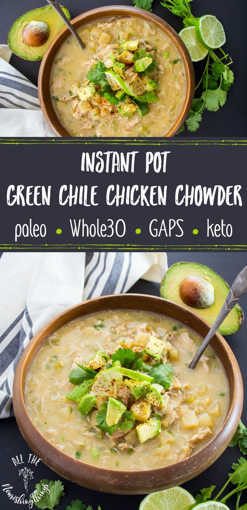 instant pot green chile chicken chowder with text overlay
