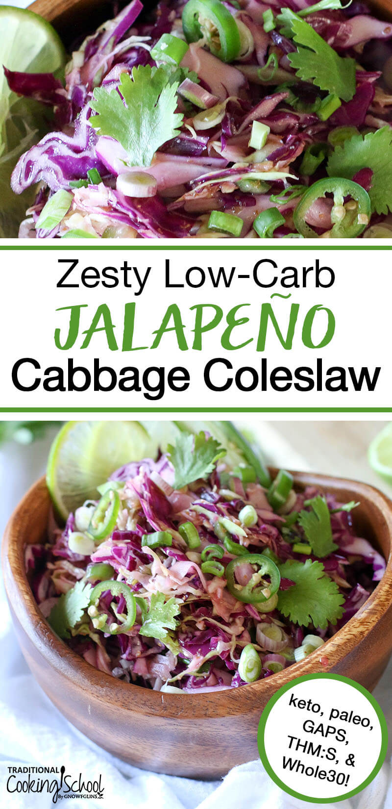 low-carb jalapeno coleslaw with white box text overlay