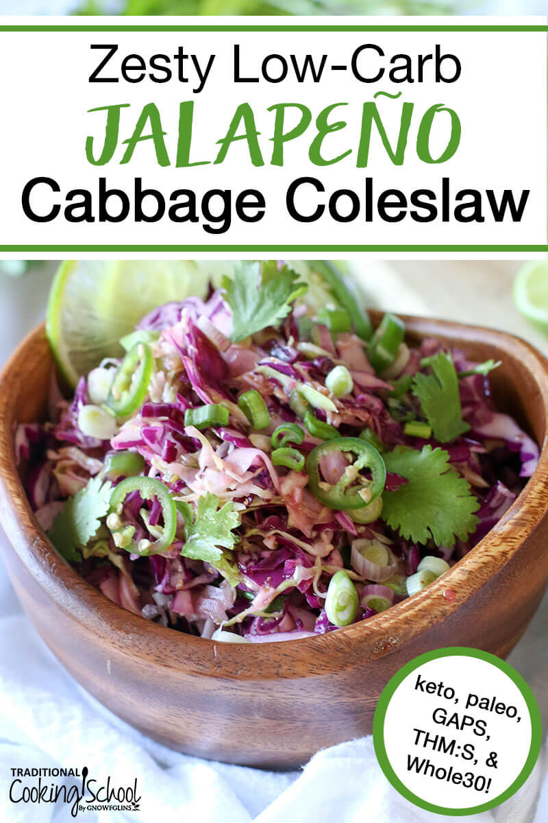low-carb jalapeno cabbage coleslaw in wooden bowl with text overlay