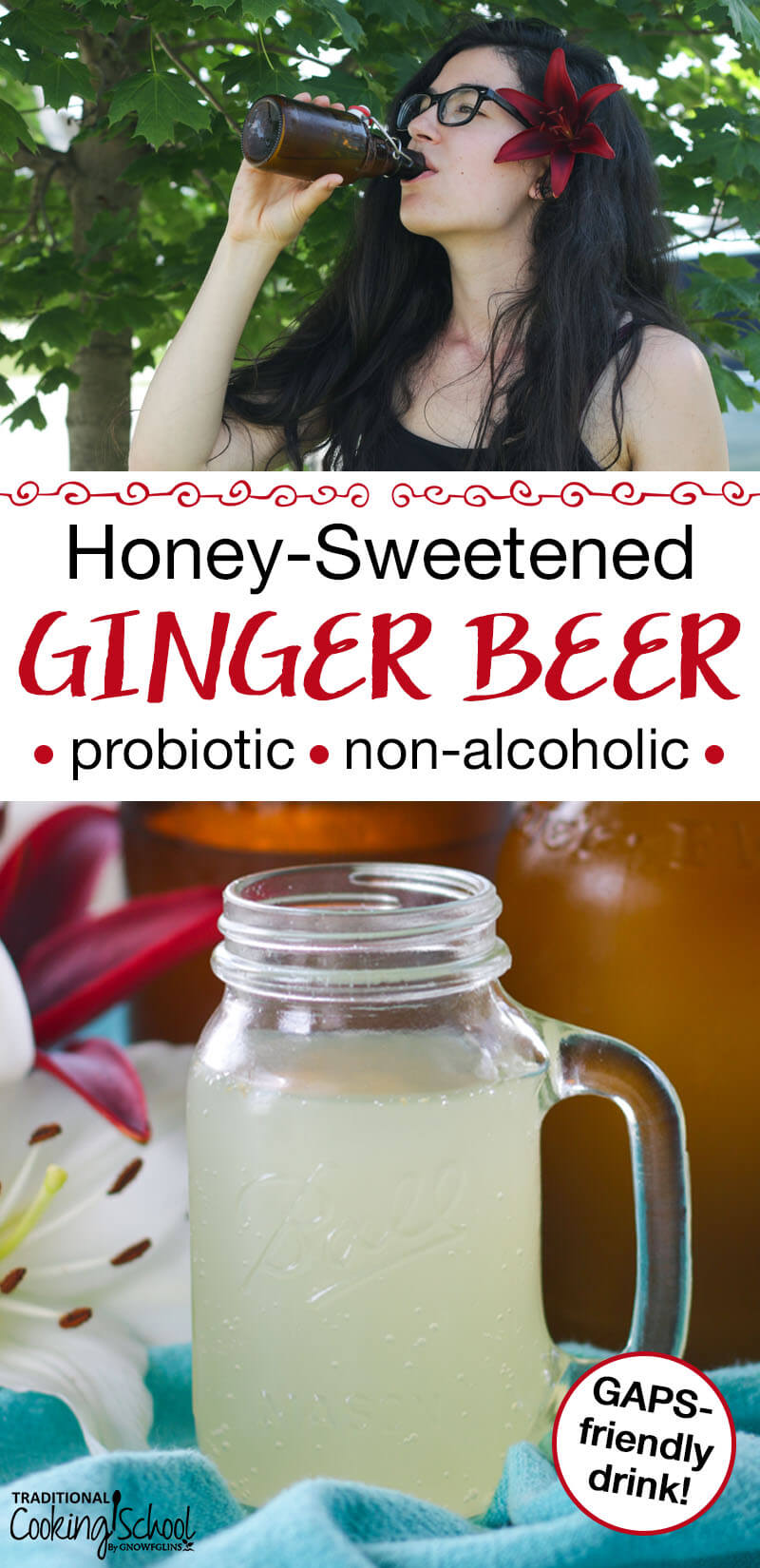 honey-sweetened ginger beer being drunk by dark-haired woman