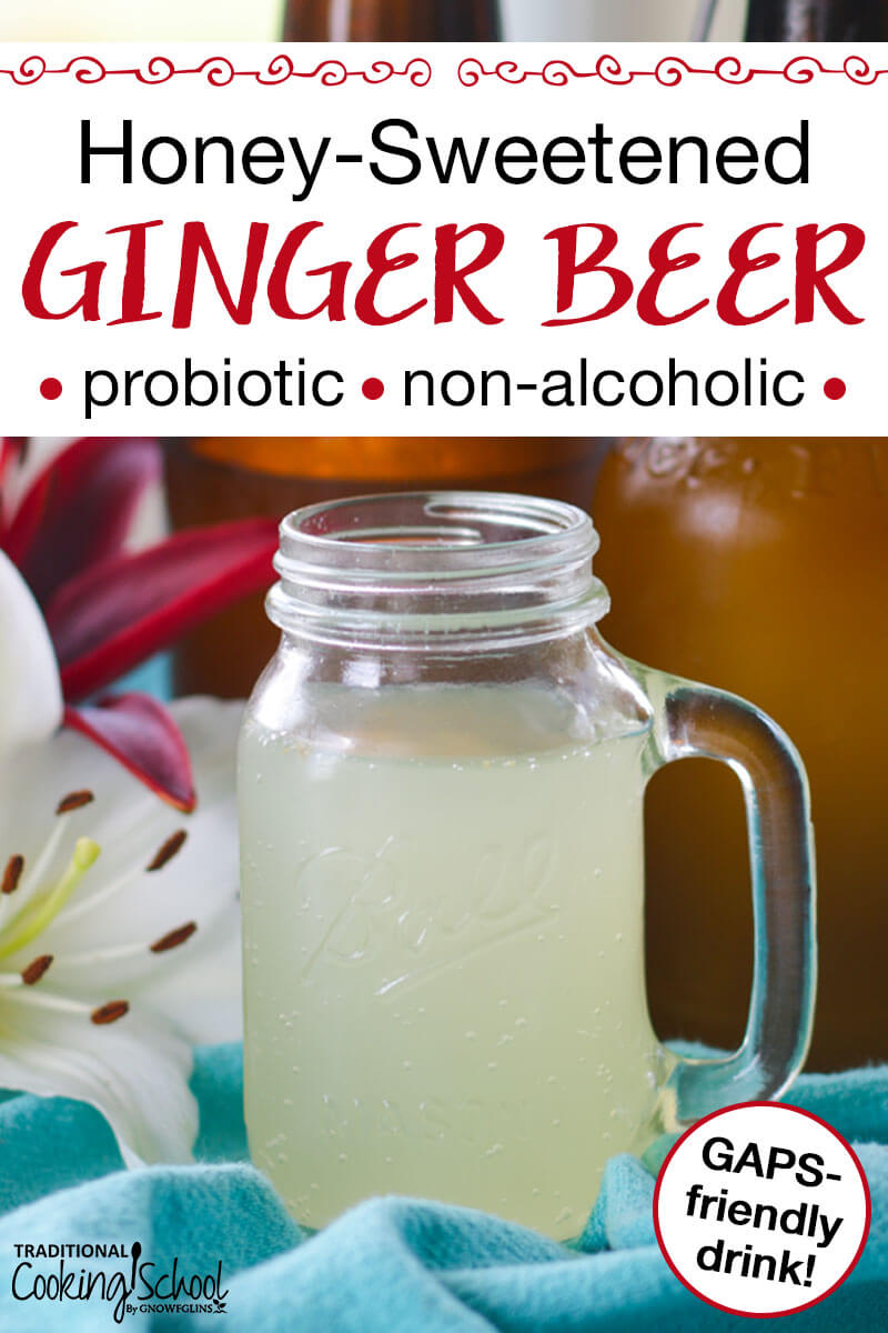 glass of honey-sweetened ginger beer with text overlay "Honey-Sweetened Ginger Beer: Probiotic, Non-alcoholic, GAPS-Friendly drink!" Pinterest Pin.