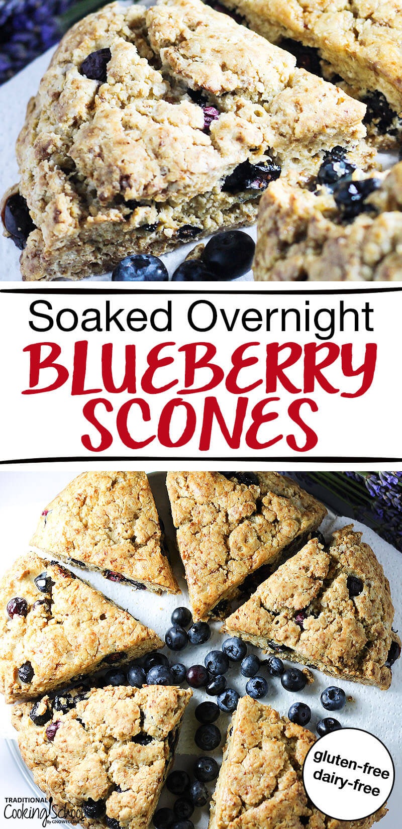 photo collage of blueberry scones with lavender flowers in the background and text overlay: "Soaked Overnight Blueberry Scones"