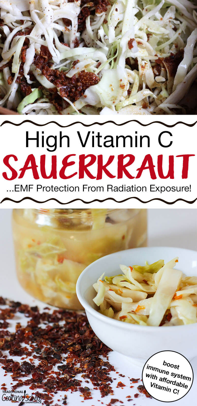 white bowl of sauerkraut with rose hips in front of glass jar full of sauerkraut and brine with text overlay: "High Vitamin C Sauerkraut (EMF Protection From Radiation Exposure!)"