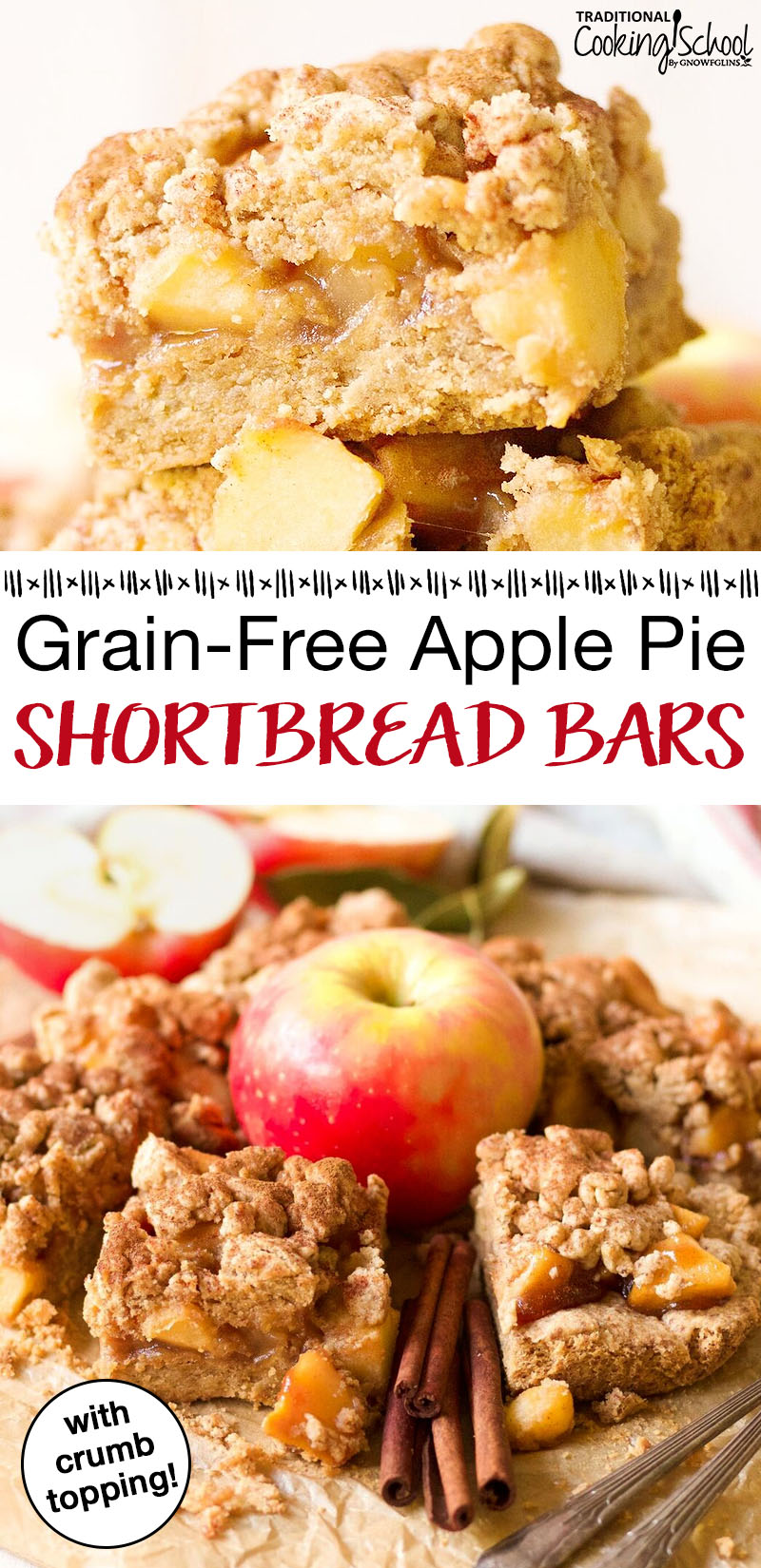 photo collage of apple pie shortbread bars with apples and cinnamon sticks with text overlay: "Grain-Free Apple Pie Shortbread Bars"