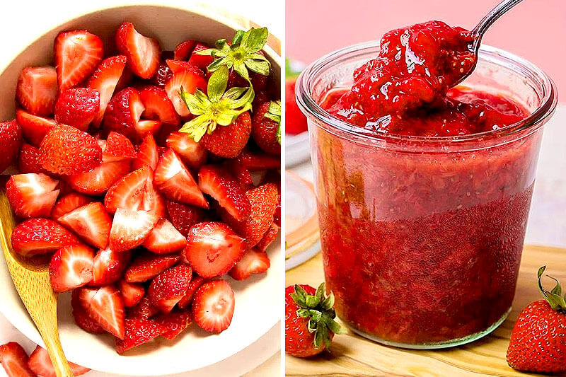 photo collage of the making of strawberry compote