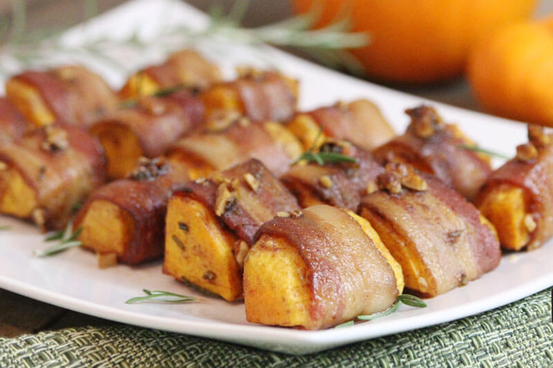 plate of bacon-wrapped spiced pumpkin chunks