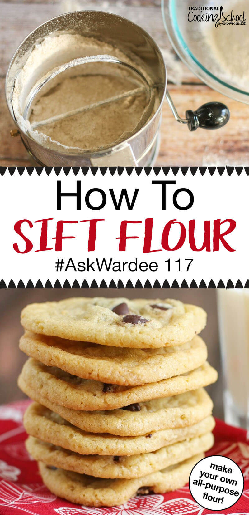 photo collage of how to make all-purpose flour for light and fluffy baked goods, with text overlay: "How To Sift Flour"