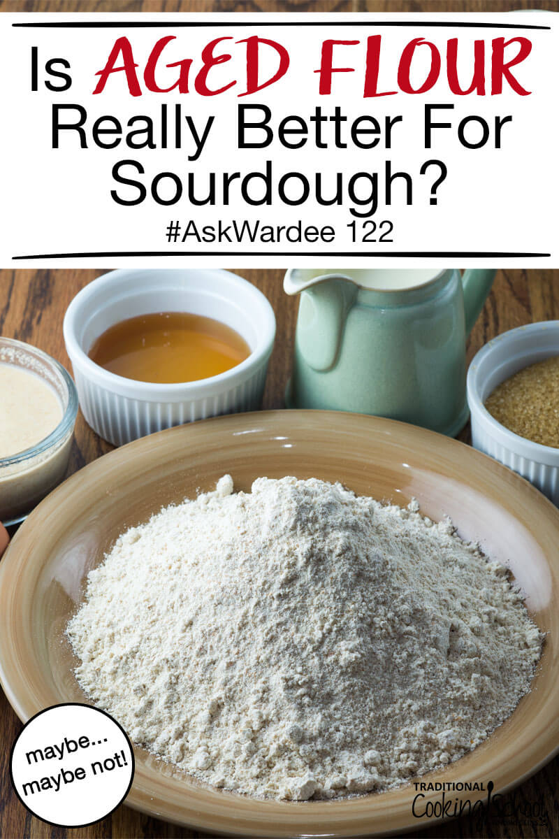 array of ingredients, including a plate of flour, with text overlay: "Is Aged Flour Really Better For Sourdough? #AskWardee 112"