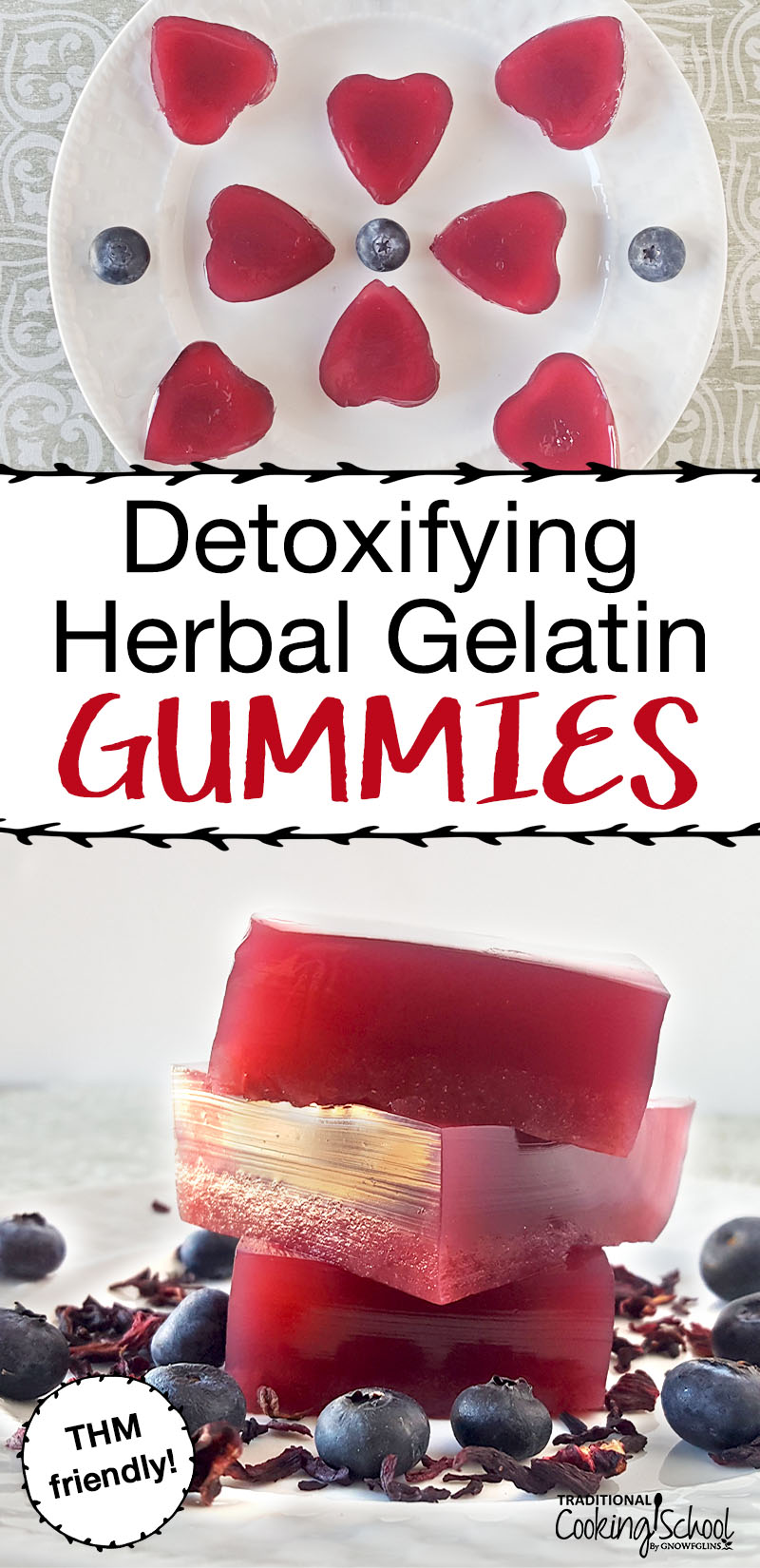 photo collage of gelatin gummies and text overlay: "Detoxifying Herbal Gelatin Gummies"