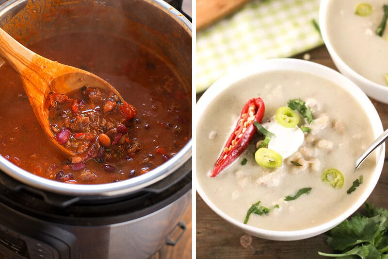 photo collage of two chilis made in the Instant Pot