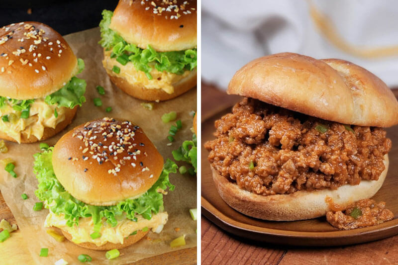 photo collage of hamburger buns with chicken popper sauce and lettuce, and sloppy joes in a bun