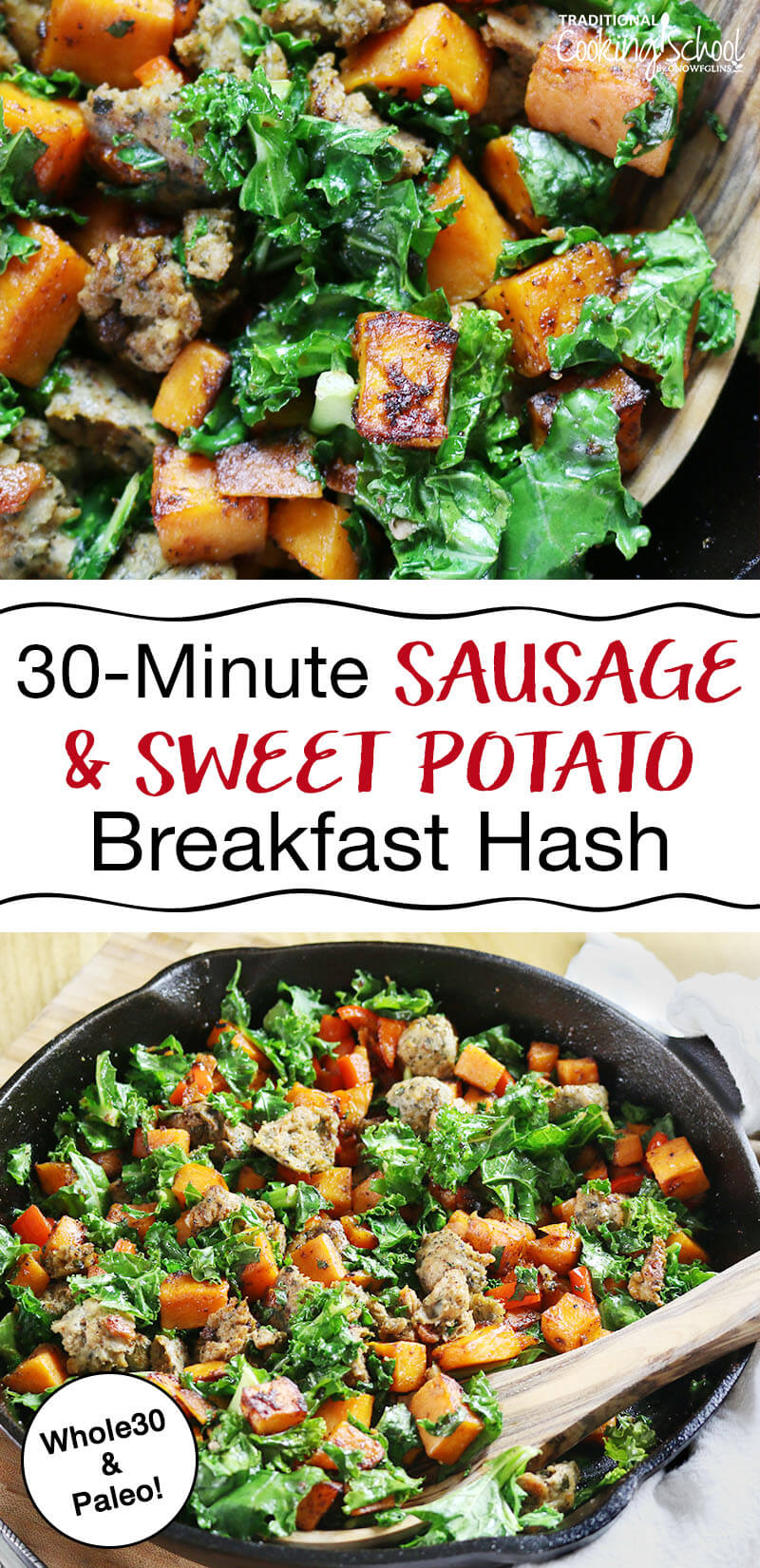 photo collage of colorful veggie-rich breakfast hash in a cast iron skillet with text overlay: "30-Minute Sausage & Sweet Potato Breakfast Hash"