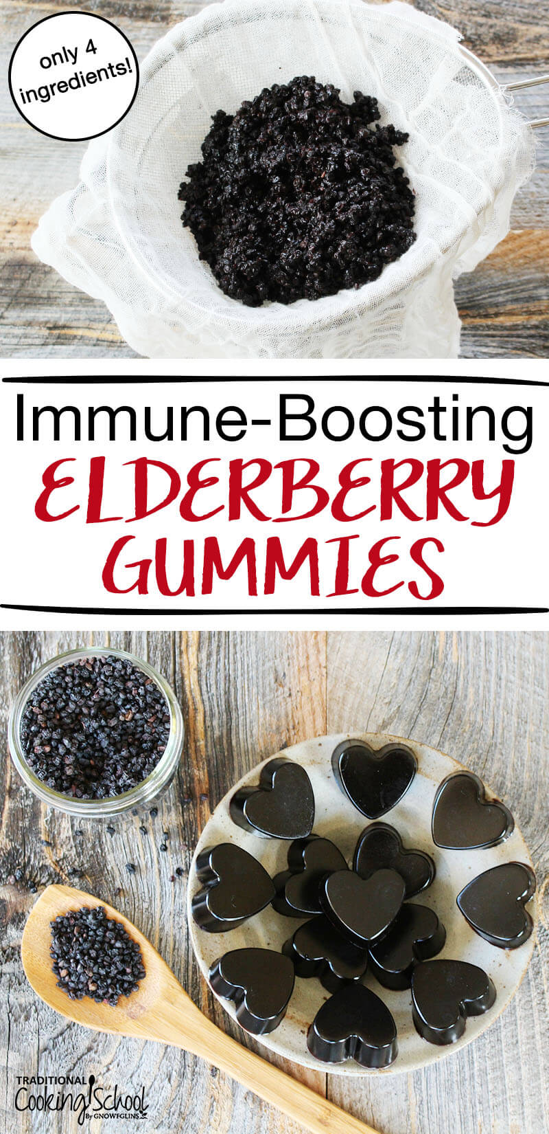 photo collage of the process of making elderberry gummies with text overlay: "Immune-Boosting Elderberry Gummies"