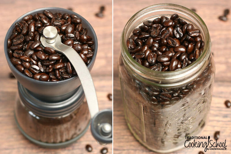 photo collage of grinding coffee beans in a hand grinder