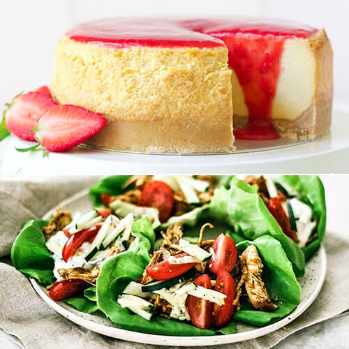 photo collage of a spring salad and a strawberry cheesecake