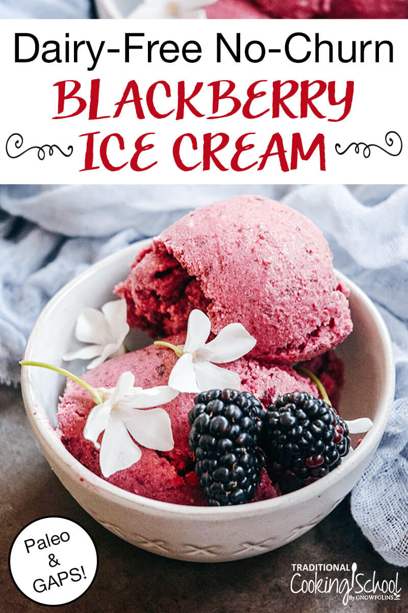 small ceramic bowl of homemade ice cream topped with blackberry blossoms and blackberries, with a background of blue gauze and text overlay: "Dairy-Free No-Churn Blackberry Ice Cream (Paleo, GAPS)"