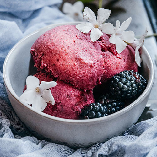 small white ceramic bowl with three scoops of beautiful blackberry ice cream inside, topped with blackberries and blackberry blossoms