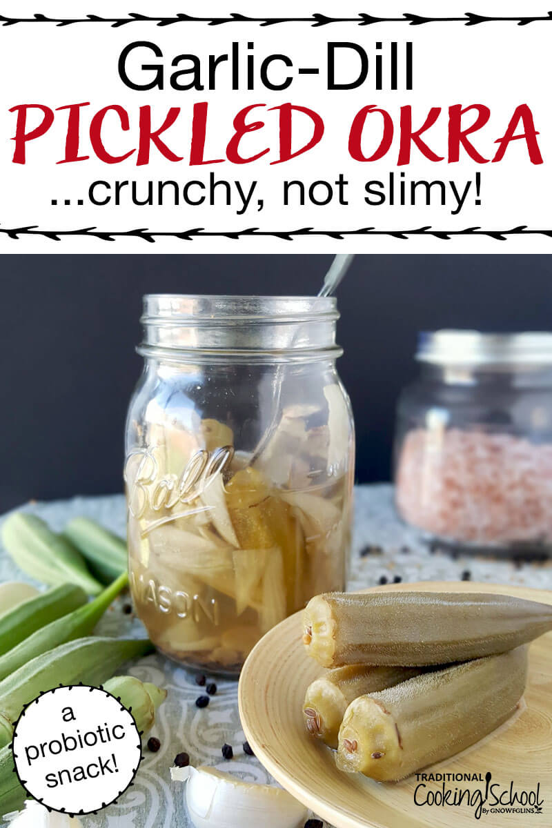 pint-sized Mason jar of pickled okra with garlic, with sea salt and fresh okra in the background, and text overlay: "Garlic-Dill Pickled Okra... crunchy, not slimy! (a probiotic snack)"