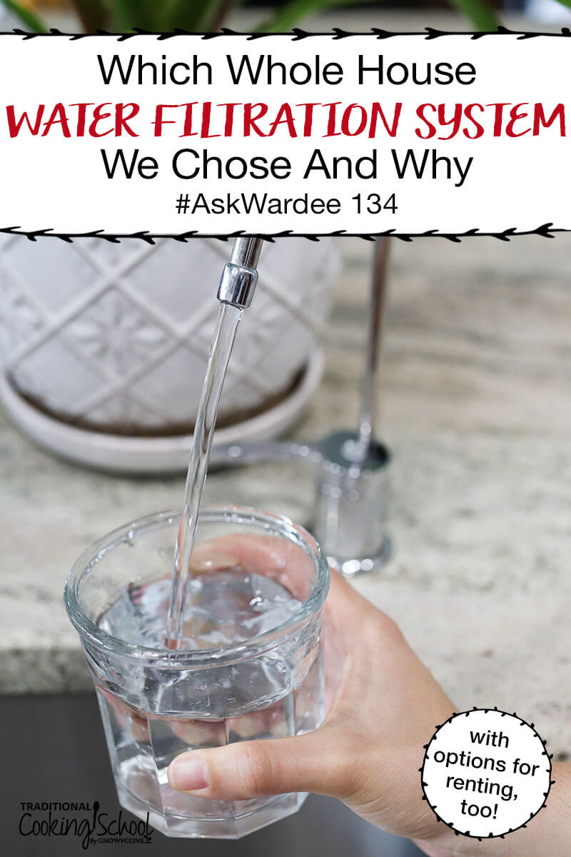 woman's hand holding a transparent glass of water under a kitchen faucet as it fills with water, with plant pot in the background and text overlay: "Which Whole House Water Filtration System We Chose And Why #AskWardee 134 (with options for renting, too!)"