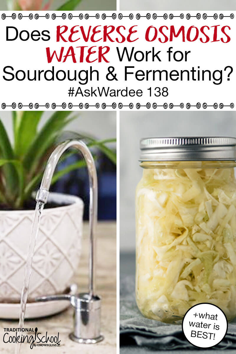 photo collage of a faucet with running filtered water and a Mason jar of sauerkraut with text overlay: "Does Reverse Osmosis Water Work For Sourdough & Fermenting? (+what water is BEST!) #AskWardee 138"