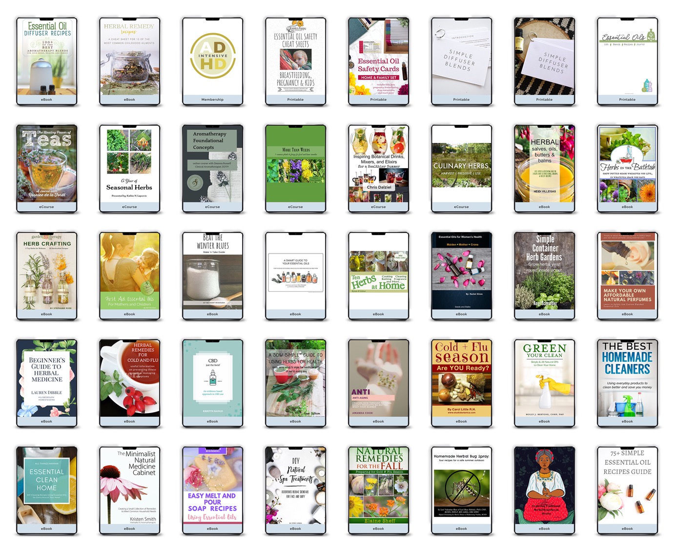 screenshot of 40 different eBooks sharing tips and remedies with herbs and essential oils