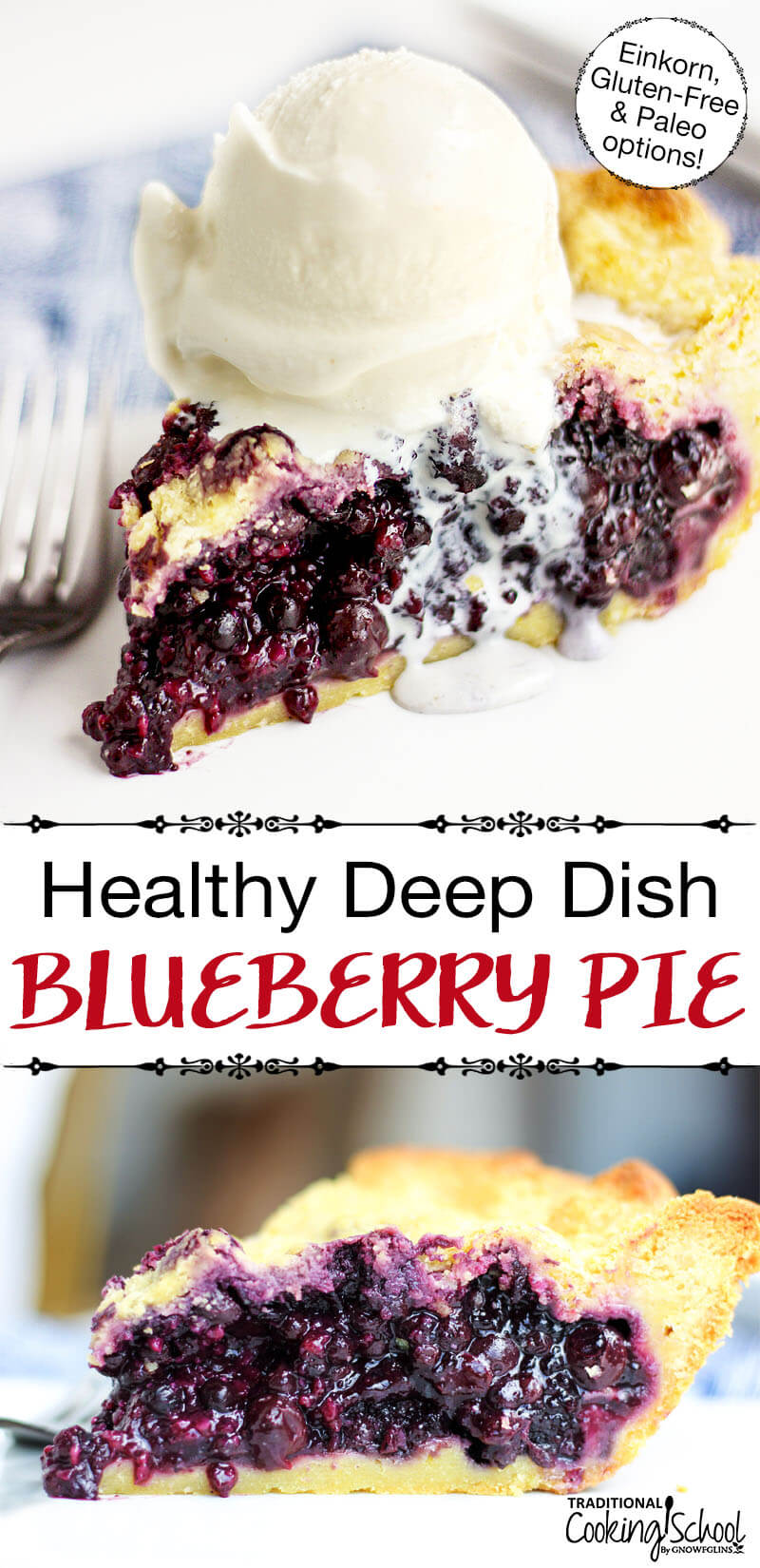 photo collage of a slice of blueberry pie with a scoop of vanilla ice cream in one of the photos, slowly oozing over the edge of the slice and onto the plate, with text overlay: "Healthy Deep Dish Blueberry Pie (Einkorn, Gluten-Free & Paleo options!)"