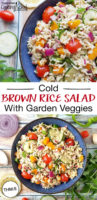 photo collage of a blue ceramic bowl of cold brown rice salad with cherry tomatoes, bell pepper chunks, diced red onions, and sliced cucumber mixed in, on a wood surface with lemon and cucumber slices arranged around the bowl, with text overlay: "Cold Brown Rice Salad With Garden Veggies (THM:E)"