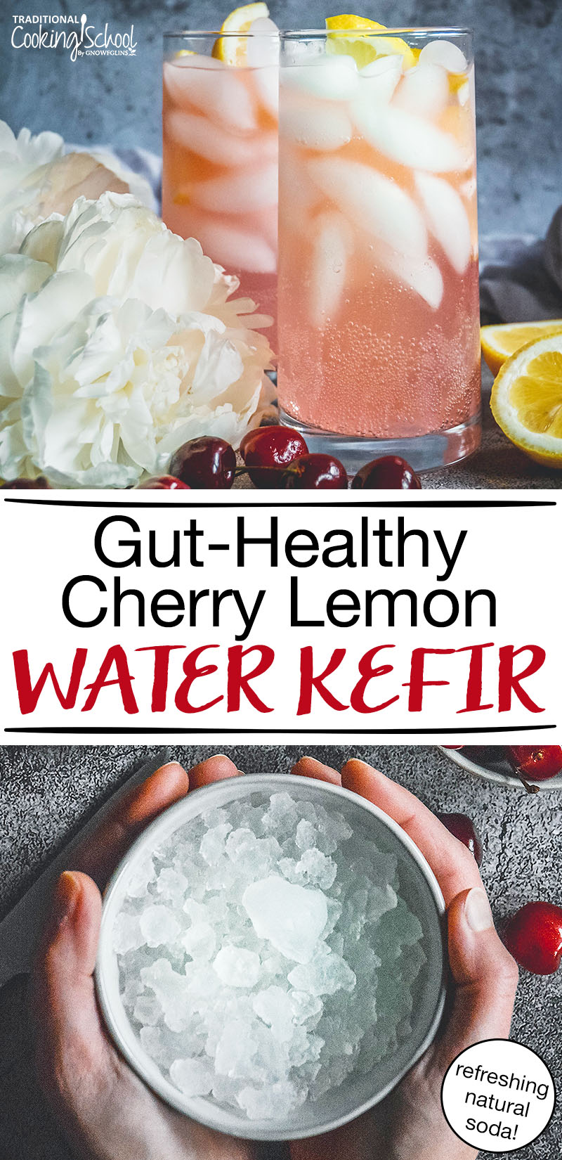 photo collage of a bowl of water kefir grains and two clear drinking glasses full of a ice cubes and a fizzy light pink liquid, topped with lemon slices, and surrounded by white flowers, cherries, and lemon halves, with text overlay: "Gut-Healthy Cherry Lemon Water Kefir (refreshing natural soda!)"