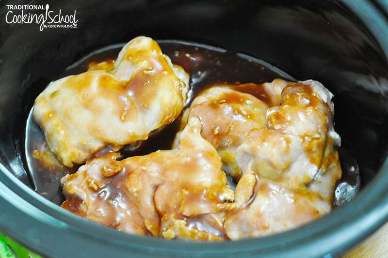 Chicken and honey garlic sauce in a crock pot.