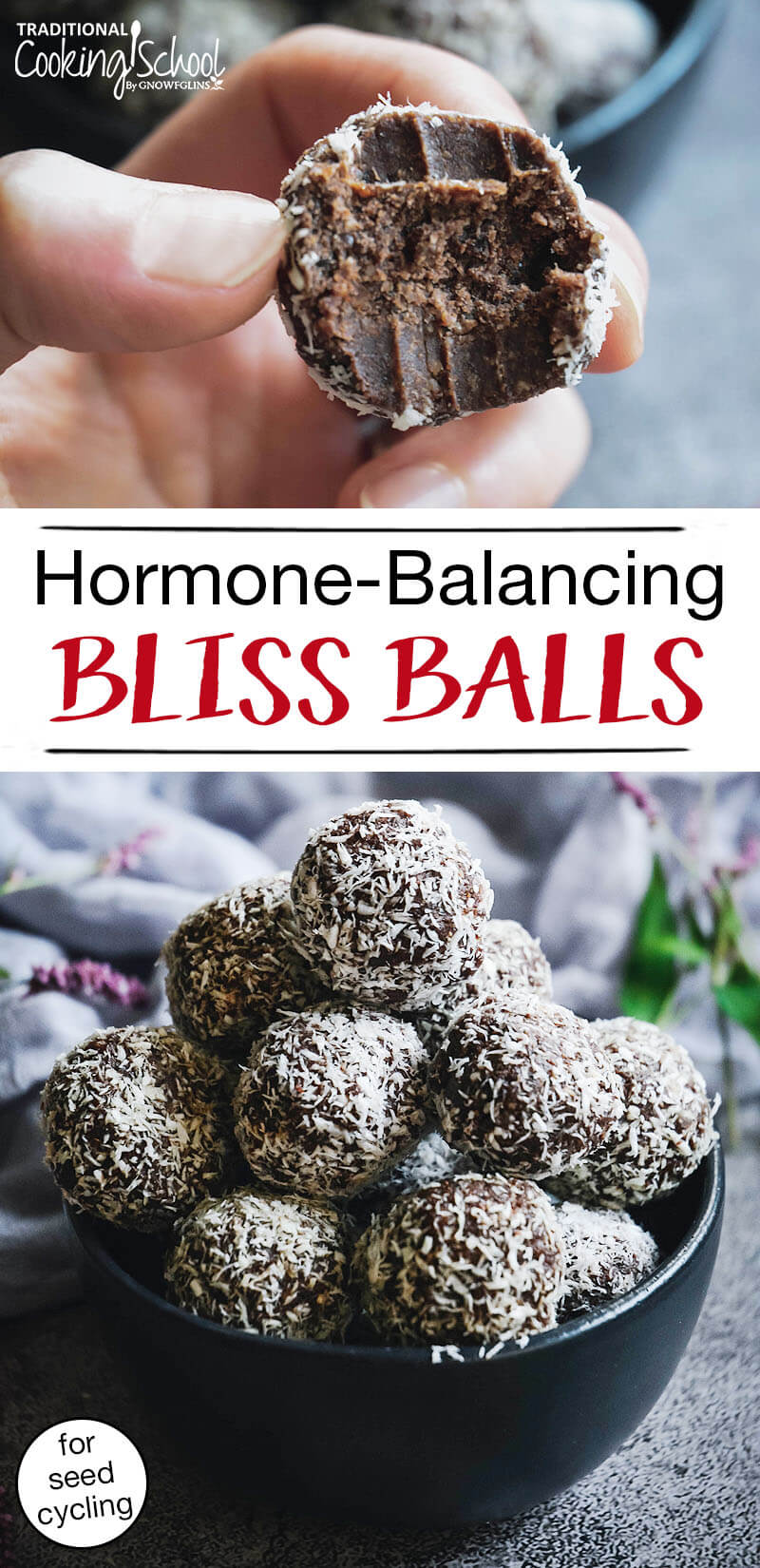 photo collage of cacao date balls covered in shredded coconut, one of which has a bite taken out of it, with text overlay, "Hormone-Balancing Bliss Balls For Seed Cycling"