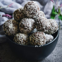 black bowl filled to overflowing with small cacao date balls coated with shredded coconut