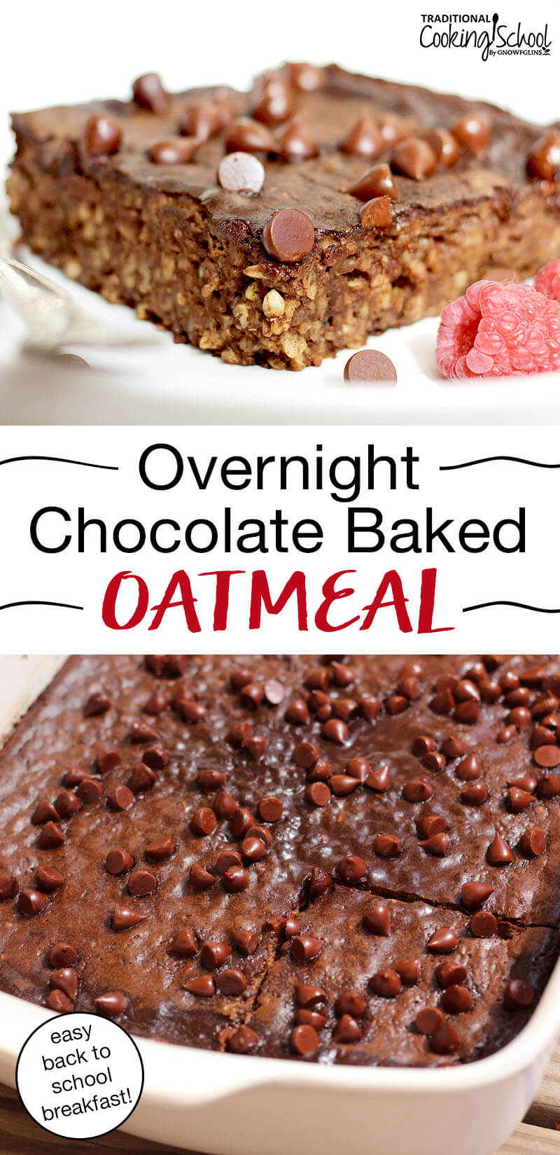photo collage of baked oatmeal bars on a plate with mini chocolate chips and fresh raspberries scattered over the top, with text overlay: "Overnight Chocolate Baked Oatmeal (easy back to school breakfast!)"