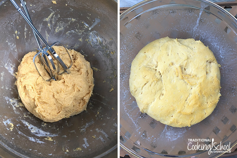 photo collage of dough, before an initial rise (with dough beaters in the bowl with the dough) and after the rise