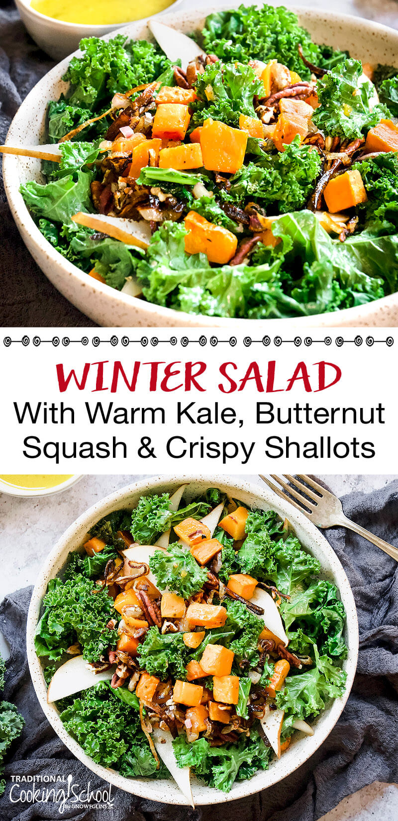 photo collage of a salad of warm kale and roasted winter veggies, with text overlay: "Winter Salad With Warm Kale, Butternut Squash & Crispy Shallots"
