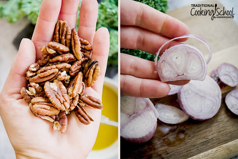 photo collage of a woman's hand holding pecans and thinly sliced red onion