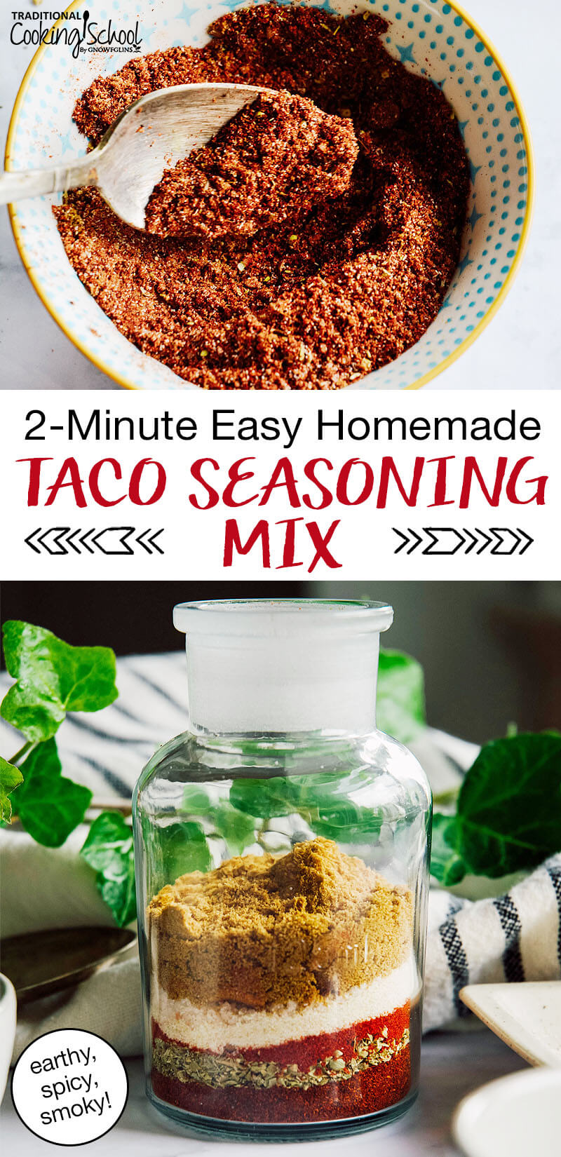 photo collage of taco seasoning mix, including a photo of mixing all the spices together in a small bowl, and the spices layered together in a small glass vial, with text overlay: "2-Minute Easy Homemade Taco Seasoning Mix (earthy, spicy, smoky!)"