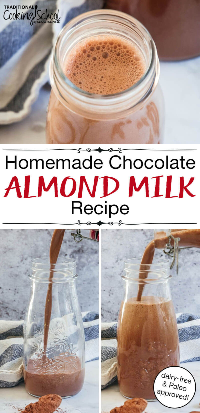 photo collage of chocolate milk, with text overlay: "Homemade Chocolate Almond Milk Recipe (dairy-free & Paleo approved!)"